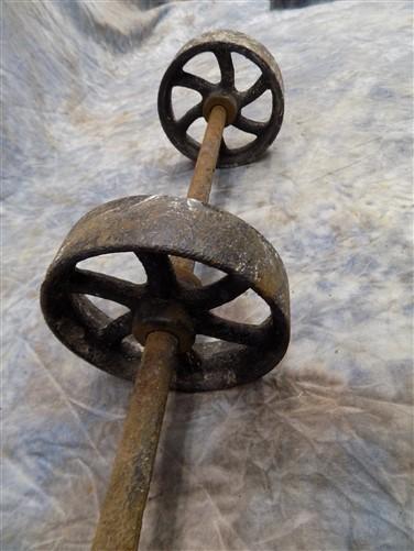 Wheel Parts - 4 Factory Cart Wheels & 2 Axles Cast Iron Vintage Lineberry Industrial Wheel a39 by The Old Grainery (antiqu...