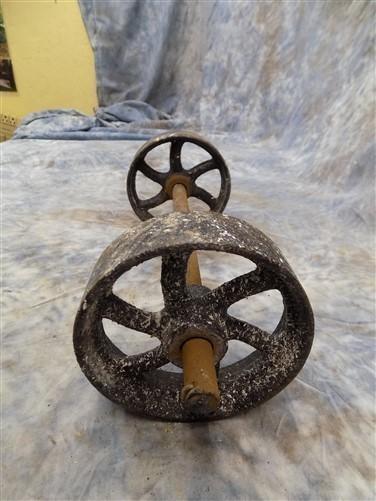 Wheel Parts - 4 Factory Cart Wheels & 2 Axles Cast Iron Vintage Lineberry Industrial Wheel a39 by The Old Grainery (antiqu...