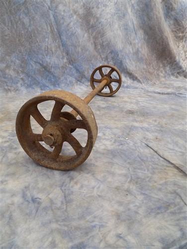 Wheel Parts - 4 Factory Cart Wheels & 2 Axels Cast Iron Vintage Lineberry Industrial Wheel a19 by The Old Grainery (antiqu...