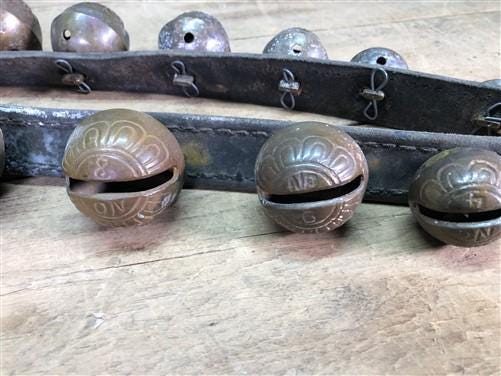 Home & Living > Home Decor > Home Accents > Bells - 17 Sleigh Bells Horse Rein Leather Strap, Christmas Winter Brass Jingl...