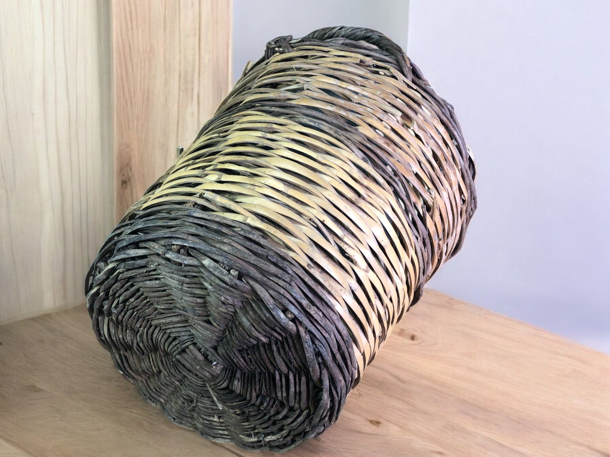 Home & Living > Storage & Organization > Baskets - Round Wicker Basket, Vintage German Woven Rattan Basket, Storage Organi...
