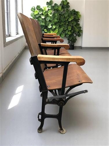 Home & Living > Furniture - 4 Vintage Wood Folding Theater Seats, Auditorium Seats, Entryway Bench, E11 by The Old Grainery