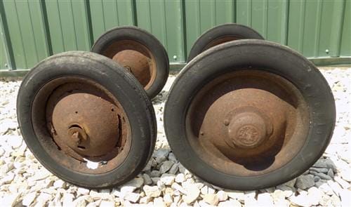 Toys & Games > Toys > Push & Pull Toys > Wagons - 4 Vintage Metal Baby Buggy Wheels Pedal Car Garden Cart Pumpkin Wagon A5...