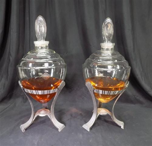 2 Antique Apothecary Show Globes, Art Deco Pharmacy Globes on Metal Stands E