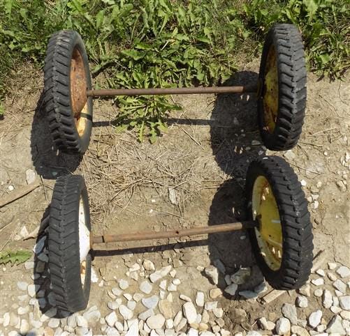 Toys & Games > Toys > Push & Pull Toys > Wagons - 4 Vintage Metal Baby Buggy Wheels Pedal Car Garden Cart Pumpkin Wagon A5...