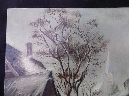 Art & Collectibles > Painting > Oil - 1880s Midwest Landscape Painting on Canvas, Original Art Winter Village, C by The Ol...