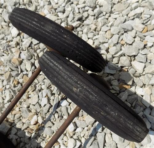 Toys & Games > Toys > Push & Pull Toys > Wagons - 4 Vintage Metal Baby Buggy Wheels Pedal Car Garden Cart Pumpkin Wagon A5...