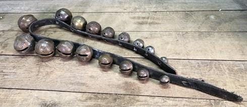 Home & Living > Home Decor > Home Accents > Bells - 17 Sleigh Bells Horse Rein Leather Strap, Christmas Winter Brass Jingl...