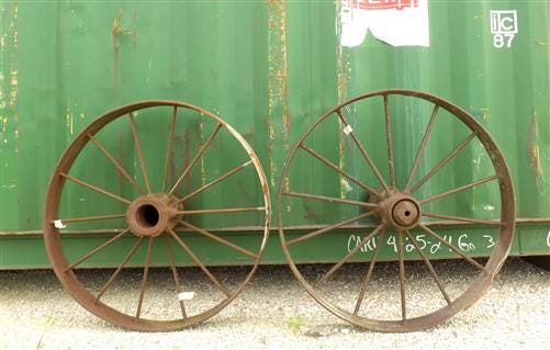 Home & Living > Outdoor & Gardening - 2 Cast Iron Implement Wheels, Wagon Wheel, Tractor Steel Rims, Industrial Age G by T...