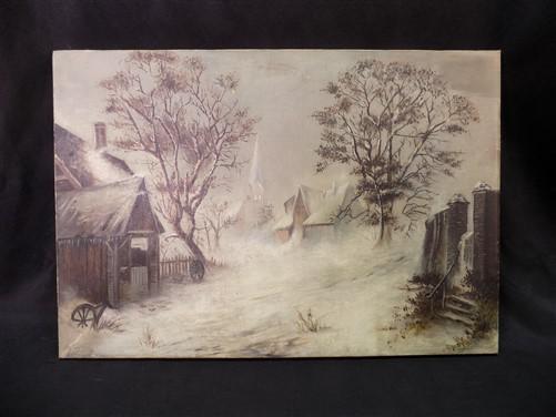 Art & Collectibles > Painting > Oil - 1880s Midwest Landscape Painting on Canvas, Original Art Winter Village, C by The Ol...
