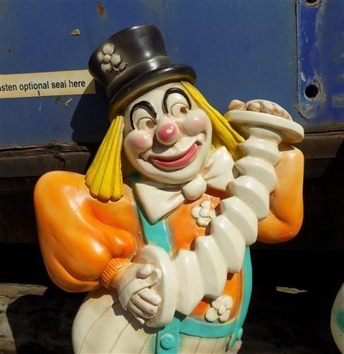 Pair Roman Art Co Plaster Clowns, Vintage Mid Century Chalkware, Circus Wall Art