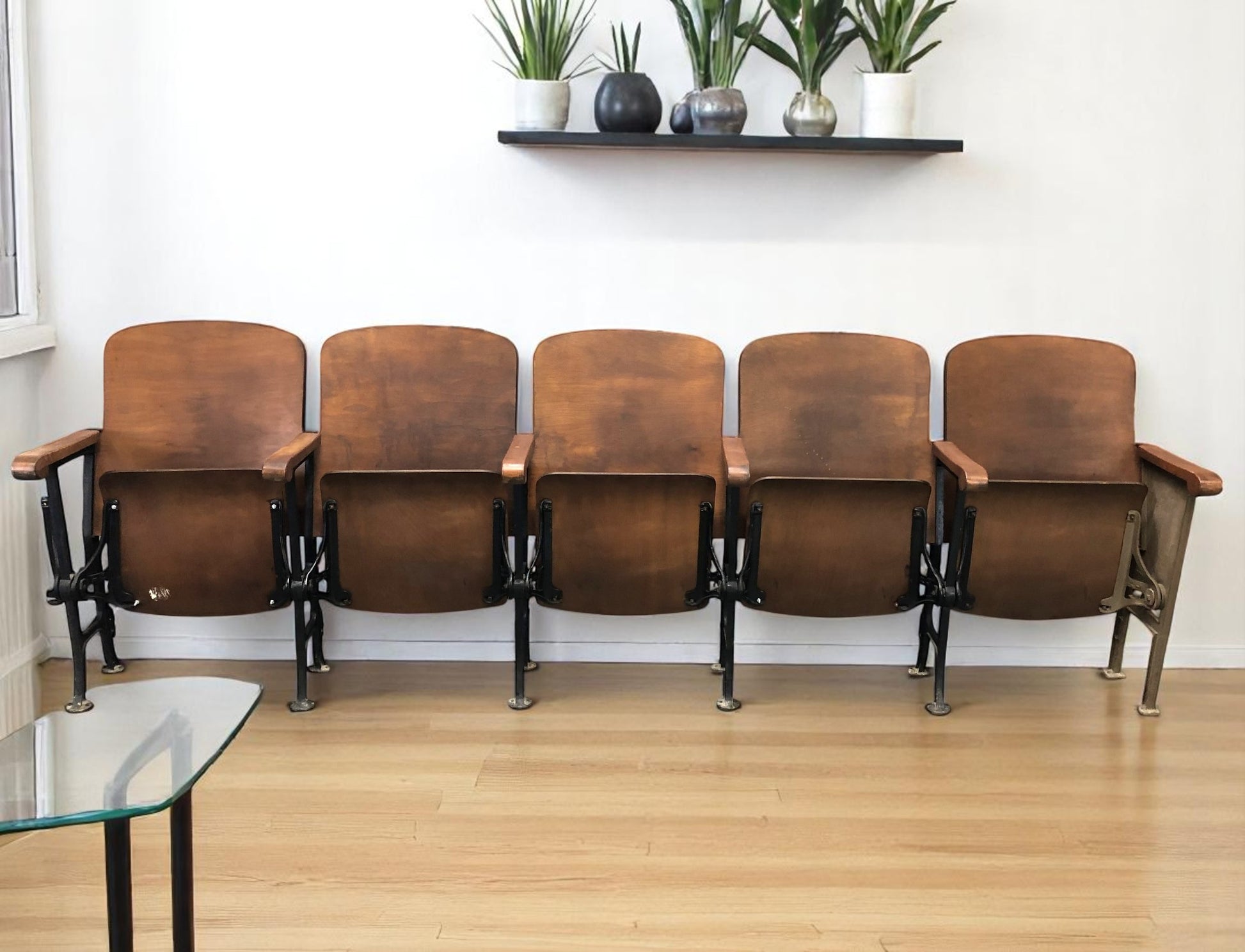 Home & Living > Furniture - 5 Vintage Wood Folding Theater Seats, Auditorium Seats, Entryway Bench, E16 by The Old Grainery