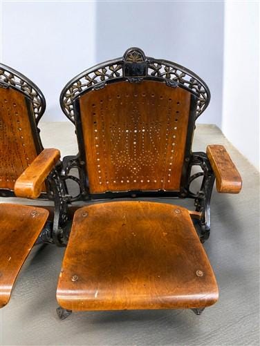 5 Wood Iron Folding Theater Seats, Auditorium Seats, Entryway Bench, D21