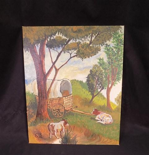 Art & Collectibles > Painting > Oil - 1975 EB American Folk Art Painting on Canvas, Covered Wagon Cattle Original Art by T...