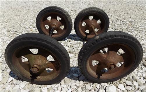 4 Vintage Metal Baby Buggy Wheels Pedal Car Garden Cart Pumpkin Wagon A53