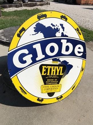 Art & Collectibles > Collectibles > Advertisements - Globe with Ethyl Gasoline Sign, Metal Porcelain Advertising Sign, Gas...