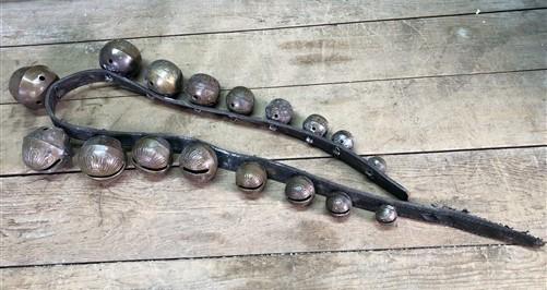 Home & Living > Home Decor > Home Accents > Bells - 17 Sleigh Bells Horse Rein Leather Strap, Christmas Winter Brass Jingl...