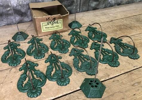 NOS Harp Letter Files, Lot Metal Paper Spikes, Wall Mount Receipt Bill Holder