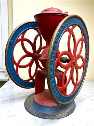 Vintage Enterprise Mfg Coffee Grinder, Double 24 inch Wheels, Hand Crank Mill, A