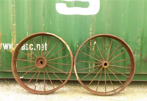 Home & Living > Outdoor & Gardening - 2 Cast Iron Implement Wheels, Wagon Wheel, Tractor Steel Rims, Industrial Age D by T...