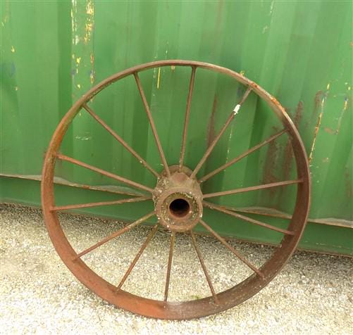 2 Cast Iron Implement Wheels, Wagon Wheel, Tractor Steel Rims, Industrial Age F