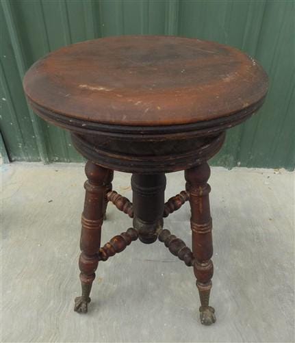 Swivel Wood Piano Organ Stool, Glass Claw Feet, Vintage Organ Bar Bench Old H