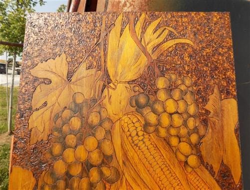 1905 Hand Carved Wood Folk Art, Pyrography Vintage Americana