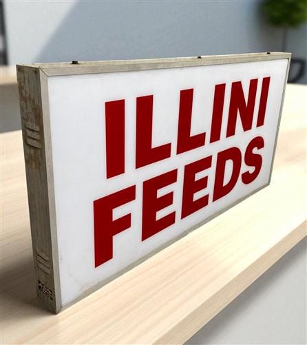 Illini Feeds Sign, Vintage Aluminum Double Sided Sign Livestock Advertising Sign
