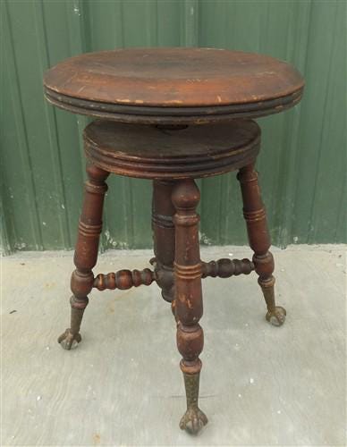 Swivel Wood Piano Organ Stool, Glass Claw Feet, Vintage Organ Bar Bench Old H