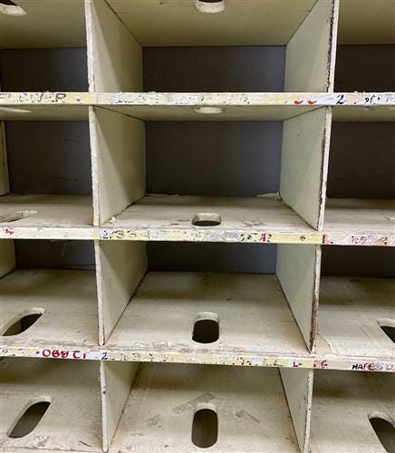 Hardware Store Cabinet, Railroad Post Office Mail Sorter, Bolt Bin, Cubbyhole, B