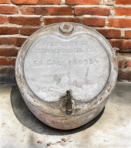 Home & Living > Outdoor & Gardening > Plant Stands - Standard Oil Co Drum, Vintage 56 Gal Steel Drum, Metal Barrel, Indust...