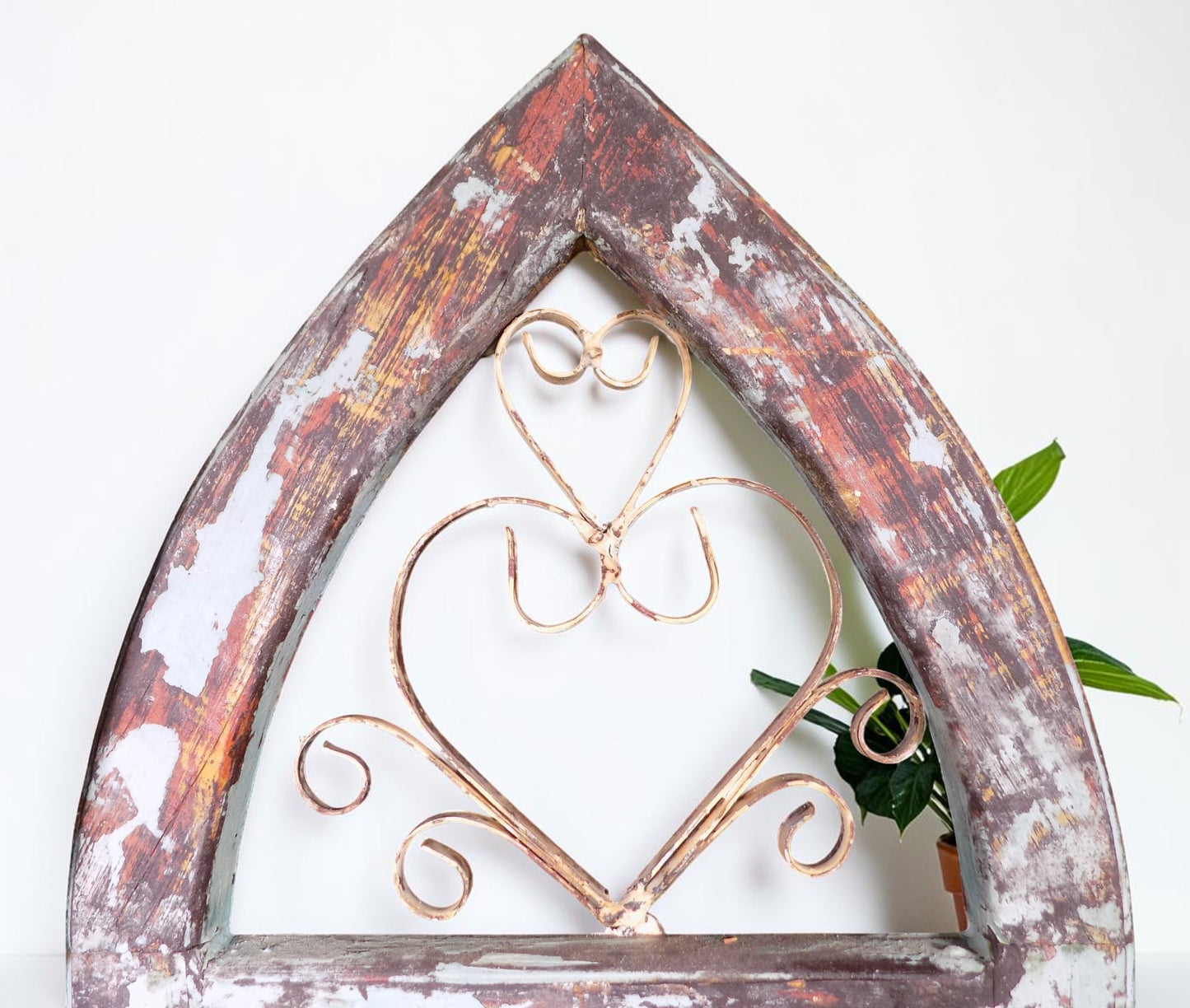 Blue Metal Heart Wood Window Frame, Arched Architectural Rustic Wall Decor A