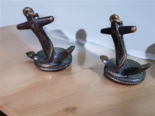 Home & Living > Home Decor > Home Accents > Bookends - Nautical Ship Anchor Rope Bronze Bookends, Vintage Library, Brass D...