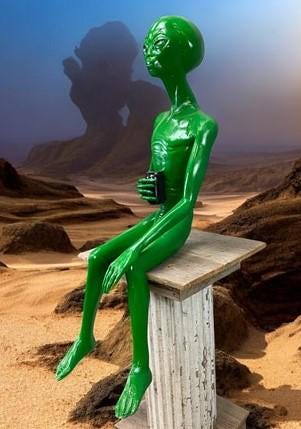 Art & Collectibles > Sculpture > Figurines - Sitting Green Alien Statue, Little Green Place Man, UFO Extra Terrestrial, A...
