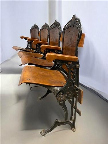 4 Wood Iron Folding Theater Seats, Auditorium Seats, Entryway Bench, D9