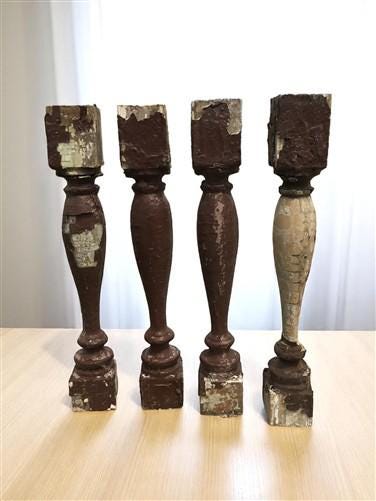 Home & Living > Home Decor > Home Accents - 4 Vintage Brown Wood Balusters, Reclaimed Spindles, Architectural Salvage, O b...