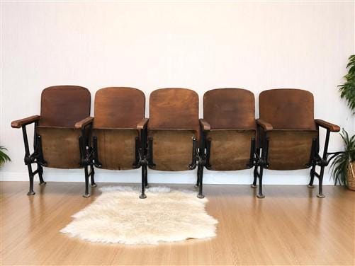 Home & Living > Furniture - 5 Vintage Wood Folding Theater Seats, Auditorium Seats, Entryway Bench, E15 by The Old Grainery