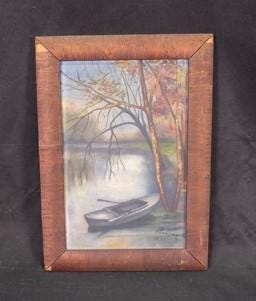 Wall Art - 1920s Hawksworth Midwest Landscape Painting, Original Art Rowboat Water, L by The Old Grainery