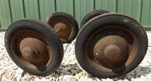 Toys & Games > Toys > Push & Pull Toys > Wagons - 4 Vintage Metal Baby Buggy Wheels Pedal Car Garden Cart Pumpkin Wagon A5...