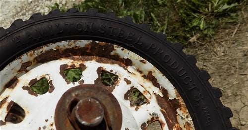 Toys & Games > Toys > Push & Pull Toys > Wagons - 4 Vintage Metal Baby Buggy Wheels Pedal Car Garden Cart Pumpkin Wagon A5...