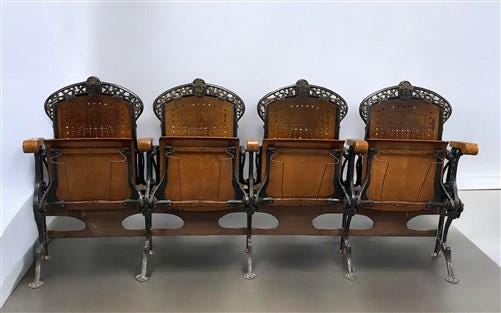 4 Wood Iron Folding Theater Seats, Auditorium Seats, Entryway Bench, D9