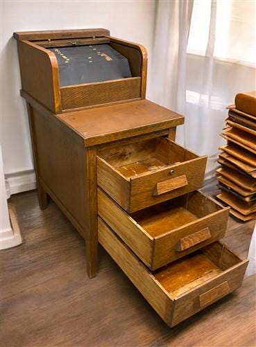 Home & Living > Furniture > Office Furniture > Filing Cabinets - Oak Roll Top Filing Cabinet with Register, Vintage McCask...