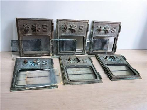 Art & Collectibles > Collectibles - US Post Office Box Bronze Star Doors, Vintage Combination Lock Mailbox Doors C by The...