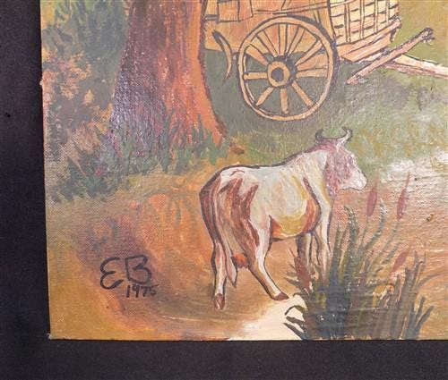 Art & Collectibles > Painting > Oil - 1975 EB American Folk Art Painting on Canvas, Covered Wagon Cattle Original Art by T...