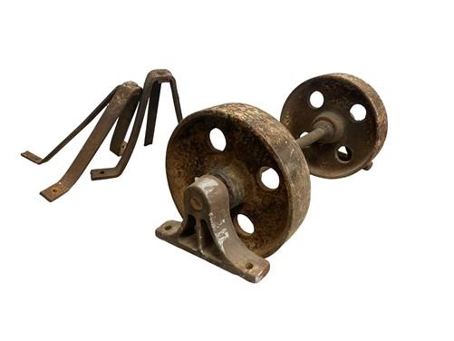 Factory Cart Wheels - Antique Factory Cart Wheels and Axle, 2 Cast Iron Wheels & Axle, Industrial Age by The Old Grainery...