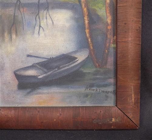 Wall Art - 1920s Hawksworth Midwest Landscape Painting, Original Art Rowboat Water, L by The Old Grainery