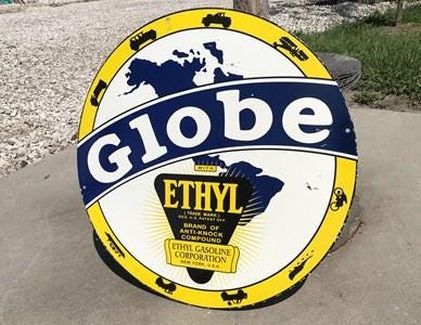 Art & Collectibles > Collectibles > Advertisements - Globe with Ethyl Gasoline Sign, Metal Porcelain Advertising Sign, Gas...