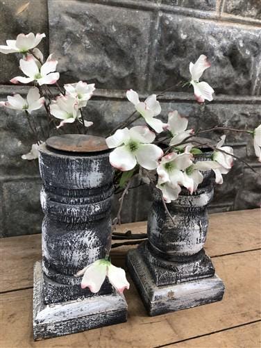 Home & Living > Home Decor > Home Accents - Pair Gray Wooden Pillar 10.5" Candlestick Holders, Decor, Table Centerpiece, A...