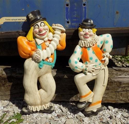 Pair Roman Art Co Plaster Clowns, Vintage Mid Century Chalkware, Circus Wall Art