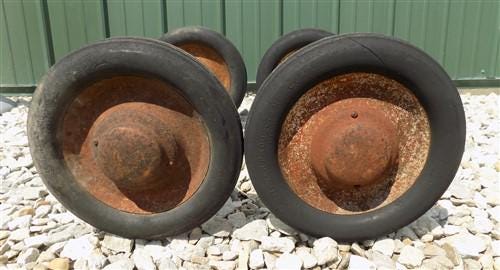 4 Vintage Metal Baby Buggy Wheels Pedal Car Garden Cart Pumpkin Wagon A49